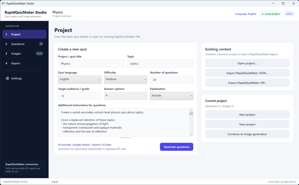 RapidQuizMaker Studio project screen for creating a new physics quiz.