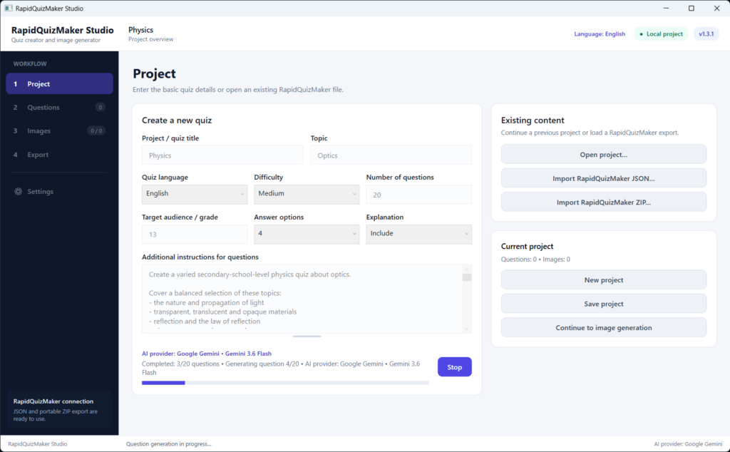 Question generation progress in RapidQuizMaker Studio.