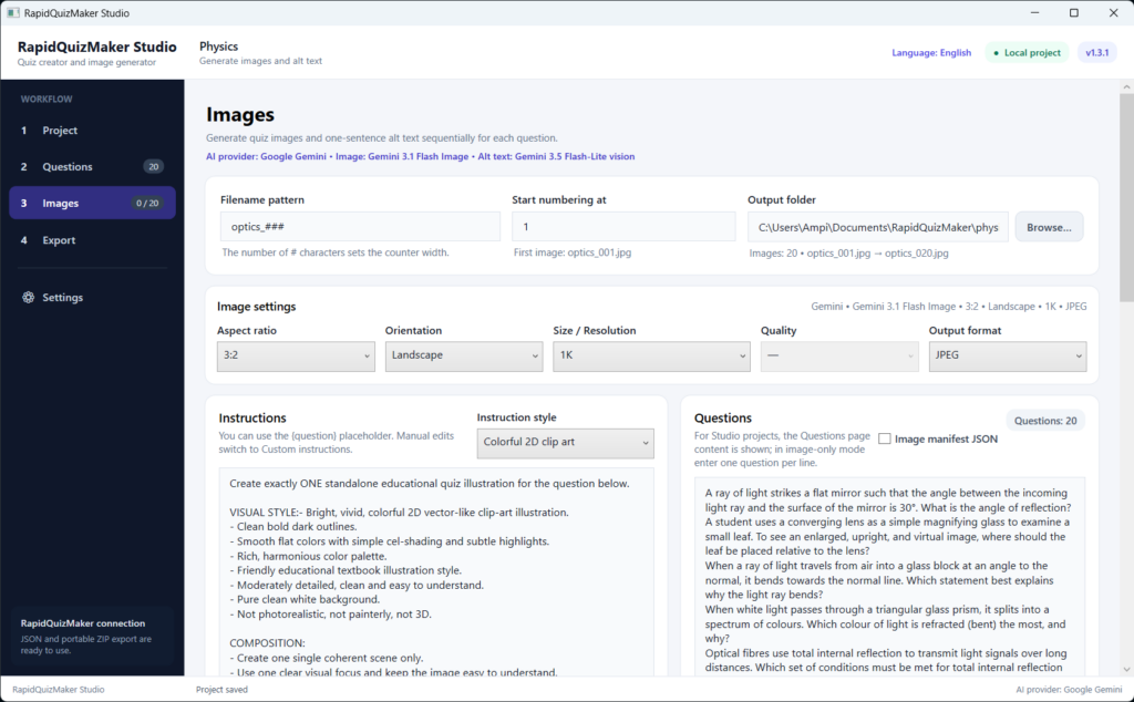 RapidQuizMaker Studio image generation screen with settings.