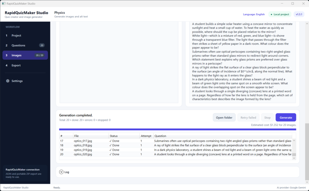 RapidQuizMaker Studio image generation screen with progress status.