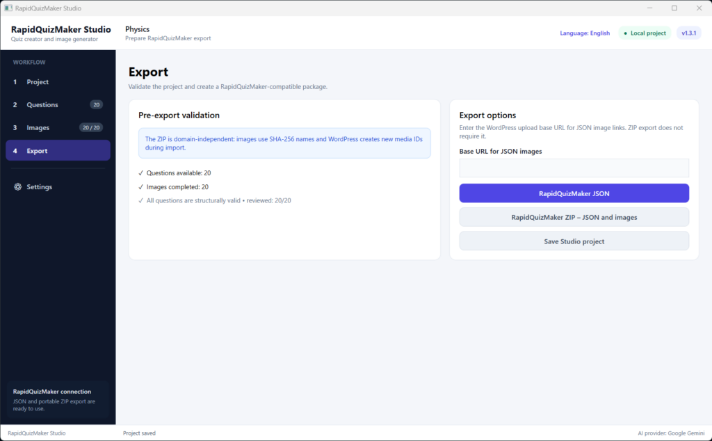 RapidQuizMaker Studio export screen with successful quiz validation.